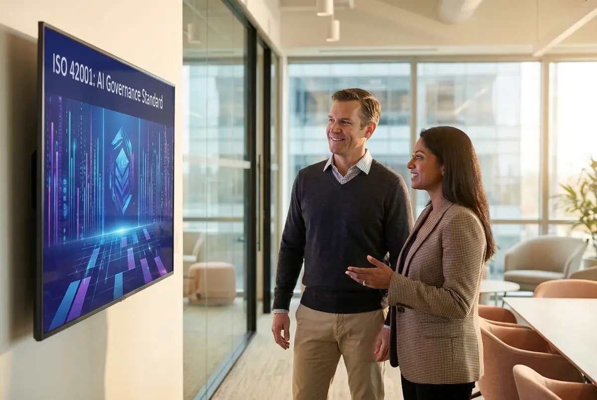 Two colleagues reviewing an AI governance framework on screen.