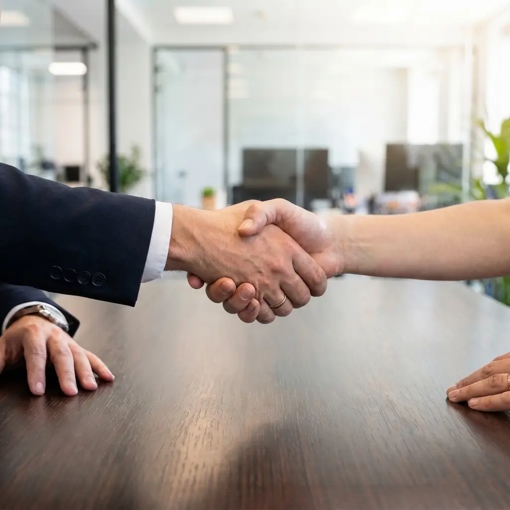 A handshake across a table, the working partnership at the centre of how we engage.