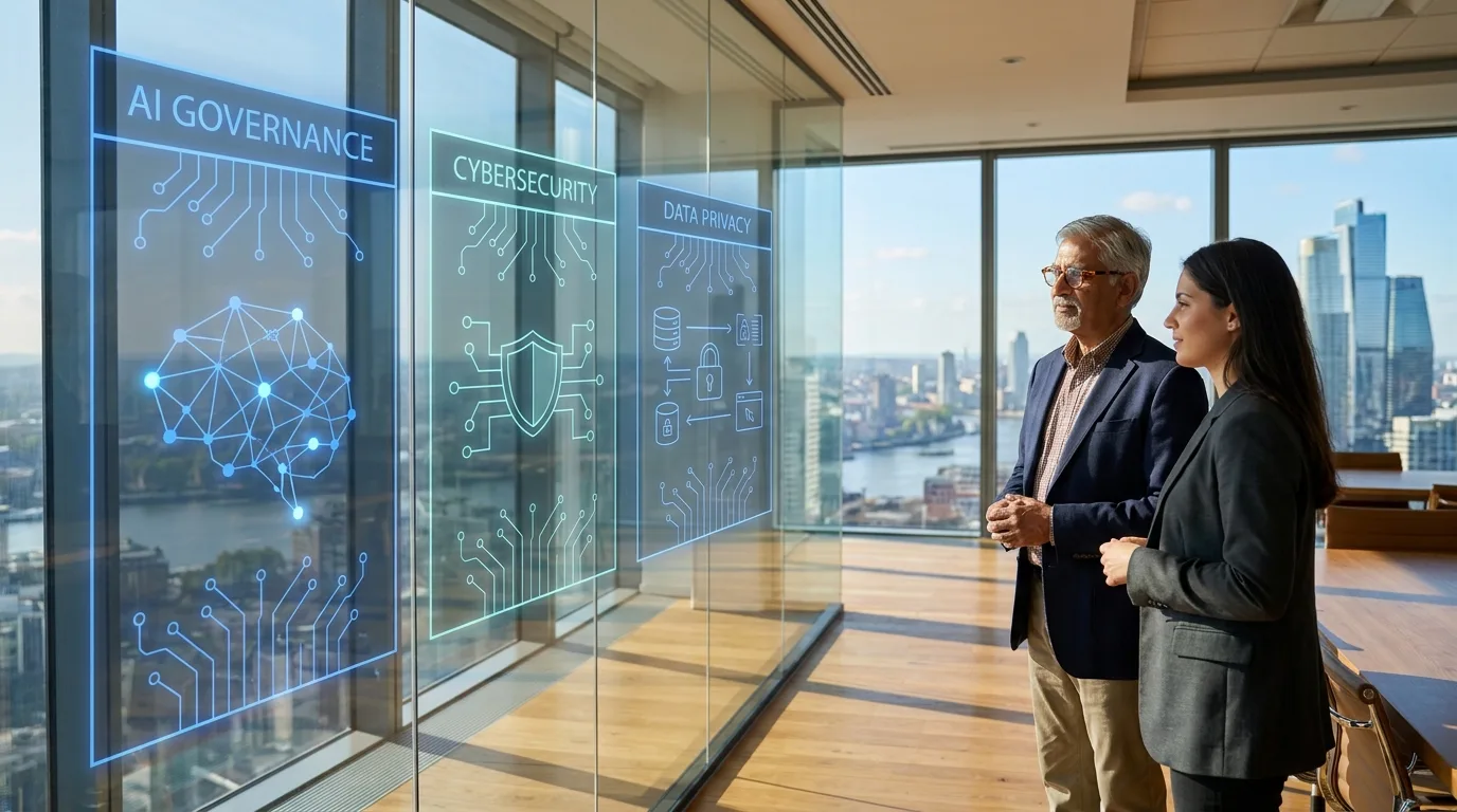 Two colleagues reviewing AI governance, cybersecurity and data privacy frameworks displayed on a glass office wall.