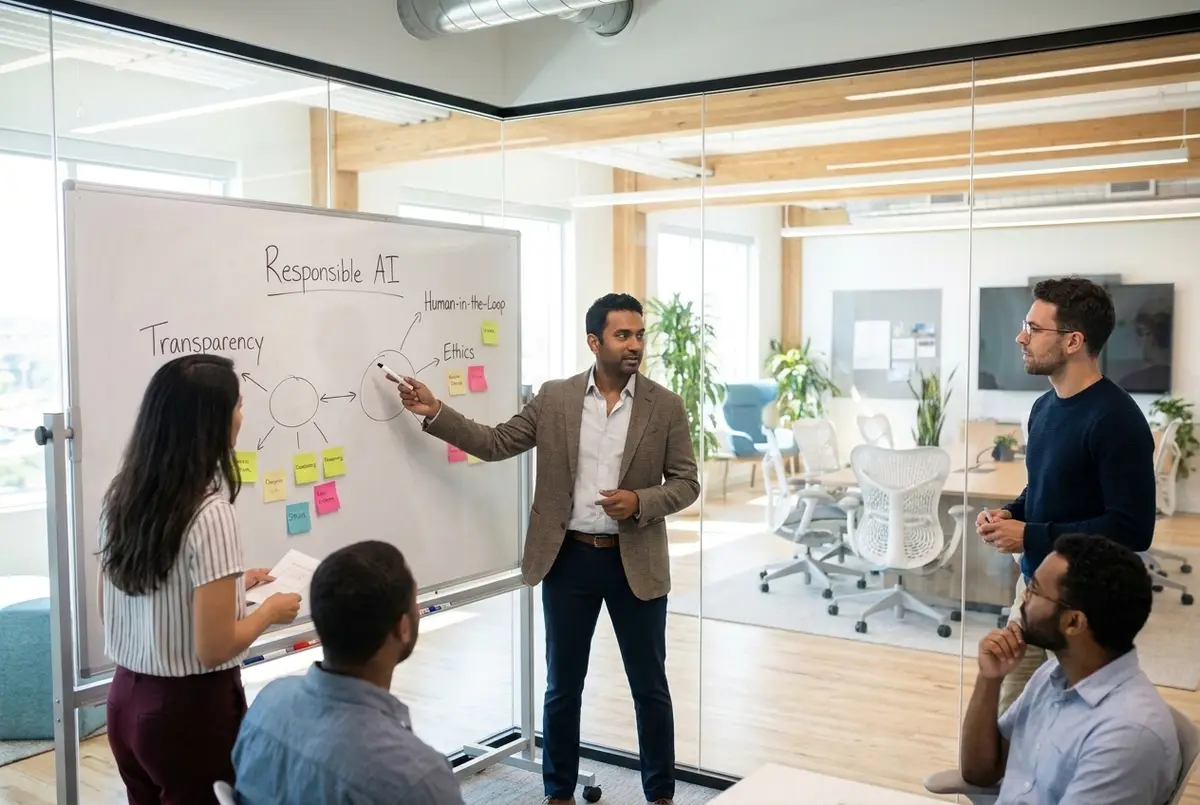 A Responsible AI map on a whiteboard: transparency, ethics and human-in-the-loop worked through with the team.
